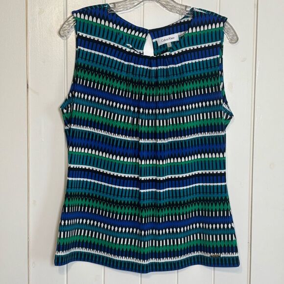 Calvin Klein Women's Blue and Green Patterned Top - Picture 2 of 8